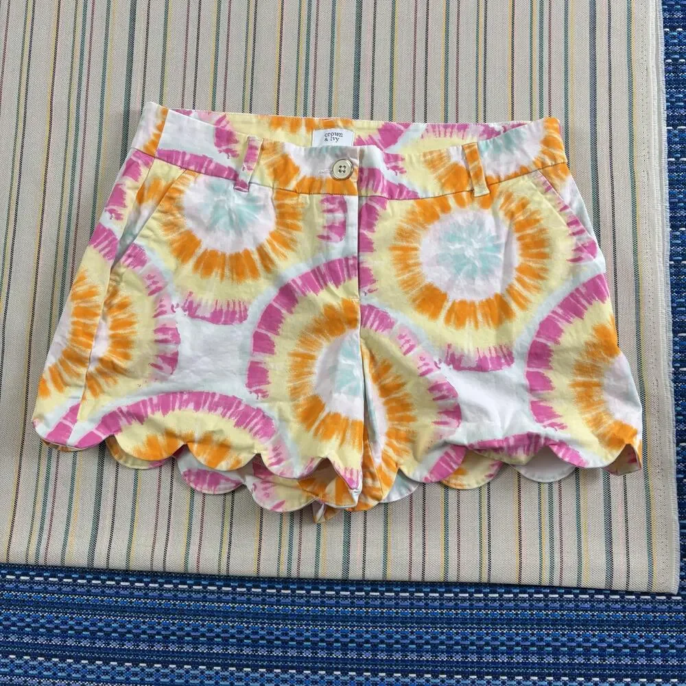 Crown & Ivy Shorts Womens 6 Multicolor Tie Dye Shelby Chino Scallop Hem 4 Inseam